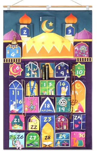 DPKOW Originale Moschea Ramadan Calendario Fai da Te, Stoffa Ramadan Calendario dell'Avvento Vuoto da Riempire Appendere Tessuto, Divertente Casa Motivo, Tasche Grande, Riutilizzabile