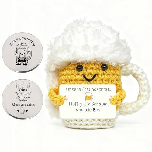 Bier Geschenkset Gestrickte, Bier Puppe mit Glücksbringer Münze 2-teilig | Gestrickte Bierbecher Anti Stress Pocket Hug Emotional Support zum Beste Freundin Geschenke Weihnachten für Männer und Frauen