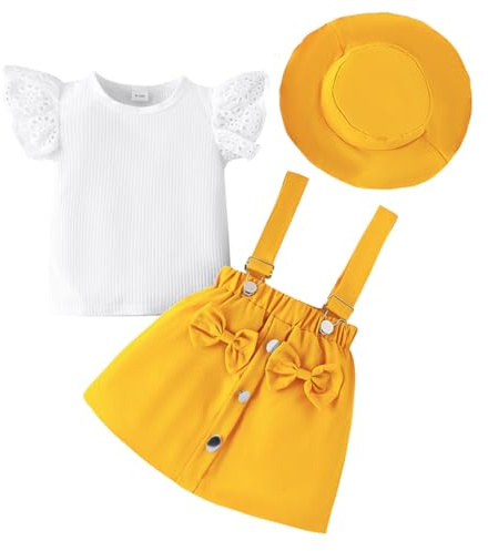 LUVCES Bambina Gonne Set Estivi Manica Corta con Volant Coste Top + Bowknot Bretelle Abito+ Cappello Estivi Abiti 3Pcs Completo Bambine 3Pcs Giallo 3-4 Anni