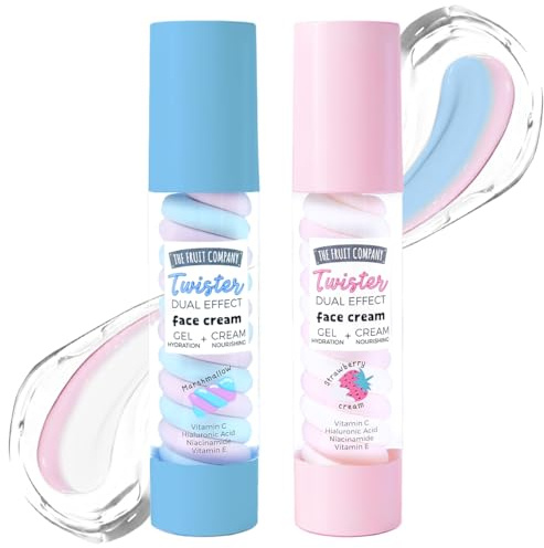 The Fruit Company Crema Facial Twister Dual Effect Pack 2 x 50 g – Gel + Crema con Ácido Hialurónico, Vitamina C y E, Niacinamida, Glow Diario (NUBE Y FRESA NATA)