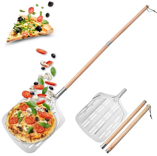 Behogan Lunghezza 135 cm, lavorazione durevole, pala per pizza perforata, per pietra per pizza da cucina e cottura, pala per pizza in alluminio, pala per pizza in metallo con 2 manici rimovibili