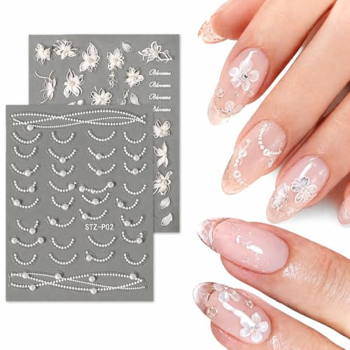 Lot de 2 Feuilles Faux Ongles Autocollants Décoratifs 5D à Effet Perlé | Stickers Ongles Nail Art Stickers 5D Faux Ongles Décoratifs Patch Ongles Autocollant pour DIY Nail Art et Décoration Ongles