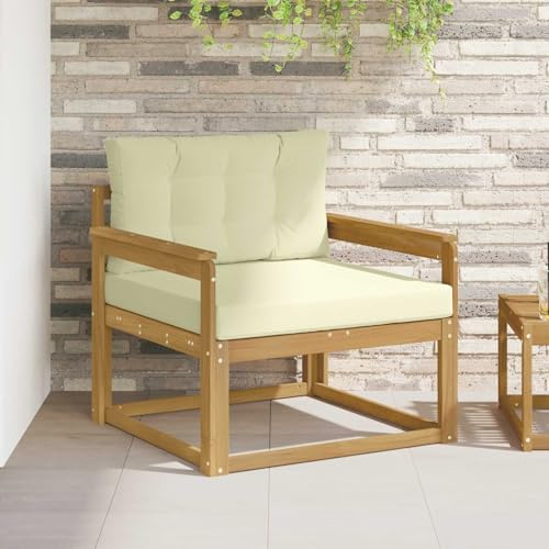 Outdoor Mittelsofa aus massivem Akazienholz mit wetterfestem Polyester-Kissen in Weiß, modernes Lounge-Sofa für Balkon Terrasse, komfortables Sitzmöbel mit Latten-Rücken und pflegeleichtem