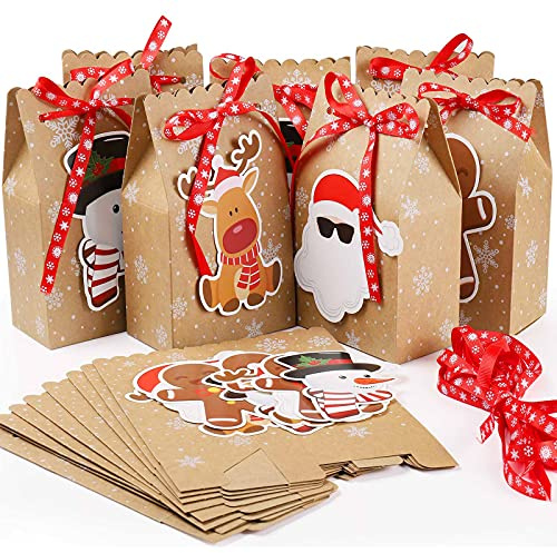 Geschenktüten Set - MOOKLIN Roam 16 Stück Weihnachten Geschenktaschen Kraftpapiertüten Partytüten Süßigkeiten Geschenkbox mit Weihnachtsanhänger und rotes Band, 11.8 x7.5 x18cm