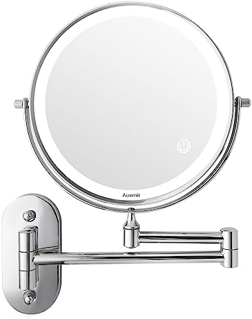 Auxmir Kosmetikspiegel LED Beleuchtet mit 1X/10X Vergrößerung, Dimmbarer Schminkspiegel mit Touchschalter Batterie, Rasierspiegel Doppelseitig 360° Schwenkbar Wandmontage für Badezimmer, Spa und Hotel