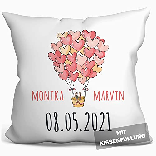 personalisierbares Kissen zur Hochzeit, Valentinstag oder Jahrestag, Hochzeitskissen Auto Hochzeits-Geschenk Geldgeschenk Kissenhülle mit Füllung und Namen weiß 40cm x 40cm (Comic Ballon)