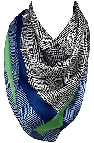 Scarf Shack Klassischer Bandana-Schal, Hahnentrittmuster mit farbigen Rändern, quadratische Seiden-Halstücher, multifunktionales Stirnband-Taschentuch, Halstuch für Frauen (Grün blau)