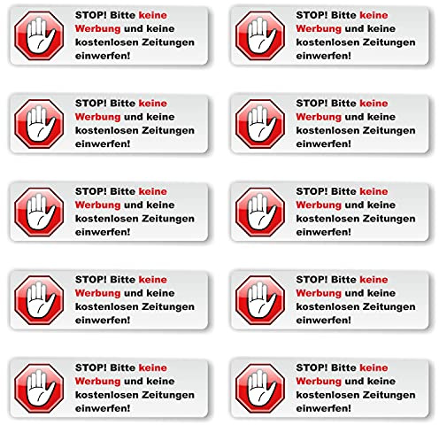 10x Aufkleber Bitte keine Werbung und keine kostenlosen Zeitungen einwerfen - Sticker für Briefkasten - Briefkastenaufkleber UV wetterfest 70 x 20 mm