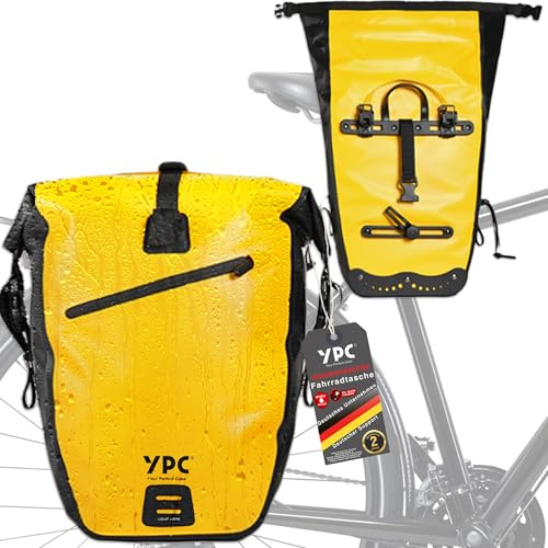 YPC Traveller Fahrradtasche für Gepäckträger XL – 27 Liter – Rolltop, Klicksystem, Hinterradtasche Fahrrad mit Schultergurt & Tragegriff, wasserdicht, Outdoor Fahrradtasche, Gepäckträgertasche, gelb