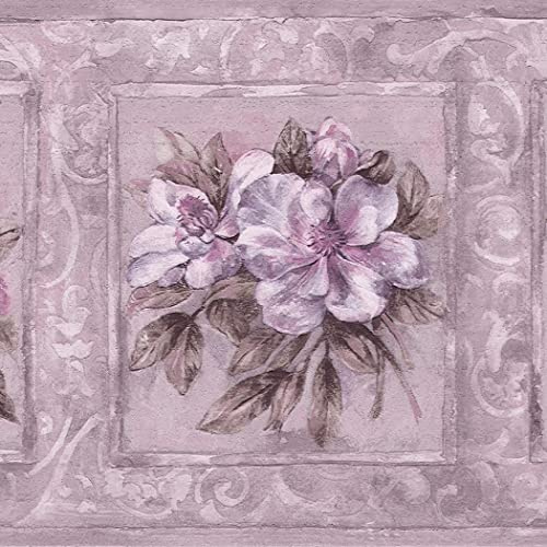Dundee Deco DDAZBD9516 Tapetenbordüre zum Abziehen und Aufkleben, abstrakte rosa lila Blumen in Quadraten, Retro-Design, 4,57 m x 17,78 cm, selbstklebend