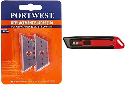 Portwest KN10BKR Cutter di Sicurezza Retrattile, Nero/Rosso & KN90NCR Lame di Ricambio per KN10 e KN20, Argento