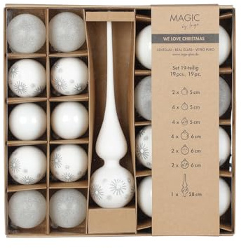 Magic by Inge - Weihnachtskugeln Set 19-teilig Just White, mit Christbaumspitze und Kugeln, Christbaumschmuck Glas