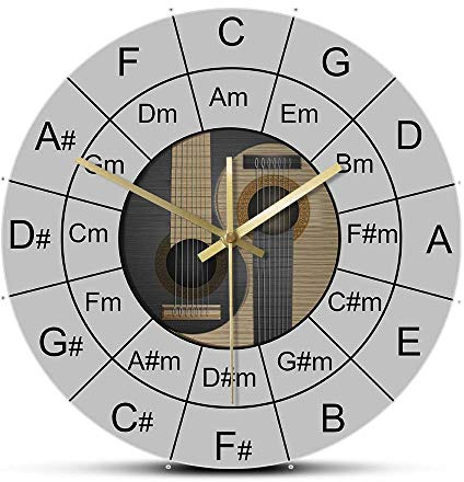 Geek Alerts Guitar Chords Yin and Yang Music Silent Wall Clock Battery Operated Quartz Acoustic Bass Guitar Circle of Fifths Chart 12inch Acrylic Print Hanging Watch Bassist Bass Player Gift