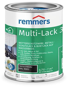 Remmers Multi-Peinture 3en1 Noir profond (RAL 9005), 0,75 litre, Peinture aqueuse pour bois, métal, PVC, pour intérieur et extérieur