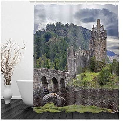 Whoiy Shower Curtain Mountains, Duschrollo Um Die Ecke 165X200cm Polyester Bath Curtains Haus Grün Braun Waschbar Wasserdicht