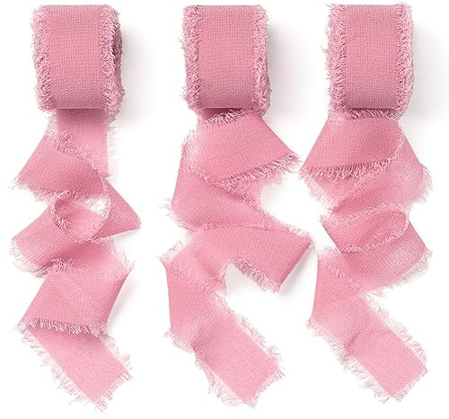 AOKSUNOVA Schleifenband Geschenkband Hochzeit Chiffonband Fuchsia | Chiffonband als Schleifenband und Geschenkband für Hochzeit, 2,5 cm x 18,9 m Stoffband mit Fransen für Festliche Deko