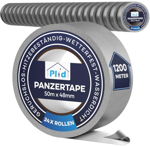 Plid® Panzertape silber 24x 50m (= 1200m) x 48mm [wasserfest] - Panzerband | Panzerband Gaffa Tape - Wasserfestes Klebeband - Innen & Außen - Duct Tape - Abdichten, Fixieren, Befestigen