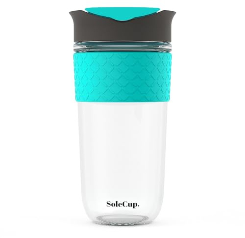 SoleCup. - Reusable Strengthened Glass Travel Cup - Spill Proof Coffee Mug - 18oz/530ml BPA-Free Hot Drink Travel Mug with Lid & Silicone Band (Grey and Blue, 18oz / 530ml)