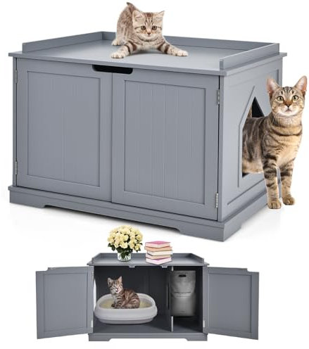 COSTWAY Meuble Litiere Chat en Bois, Meuble Cache Litiere Double Porte 2 en 1, Entrée de Chatière, 2 Compartiments, Panneau Central Amovible, Maison de Toilette Chat, 75 x 54 x 52 cm, Capacité 50 kg