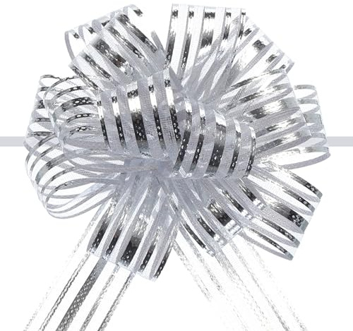 sourcing map 5 Stück 10,2 cm große Organza-Schleife, Metallic-Geschenkschleifen, Chiffon-Garn, Silber, für Hochzeitsgeschenke, Körbe, Weihnachten