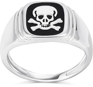 Unisex Eleganter Statement Klassischer Flacher Ring Mit Schwarzen Onyx Edelsteinen Und Totenkopf Kreuzknochen Für Frauen Und Männer Aus .925 Sterling Silber