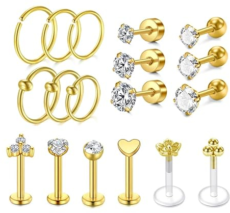 VFUN 16g Tragus Piercing Schmuck Helix Piercings Chirurgenstahl Lippenpiercing Piercing Ohr Conch Cartilage Piercing Silber Gold