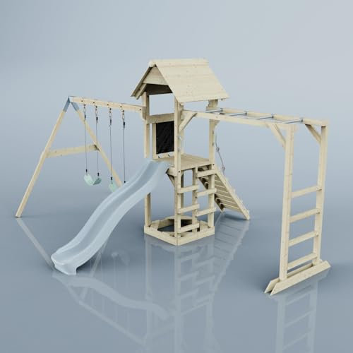 Rebo Klettergerüst aus Holz mit Wellenrutsche | Outdoor Spielturm mit Kinderschaukel, Trapezstange, Hangelstangen, Plattform und Kletterseil