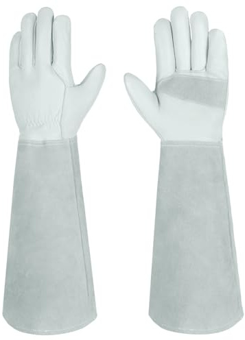 Velway Guantes de Trabajo de Cuero para Jardinería - Guantes Largos Resistentes a Las Espinas con Forro de Algodón Transpirable para Hombres y Mujeres Multiusos Jardín Mecánico Construcción - Gris 8/M