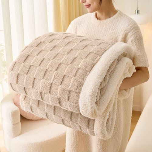 Gracelife Sherpa Blanket Throw Fleece Blanket Double, Soft Fluffy Fuzzy Warm Blanket Throws for Bed and Couch, Large Thick Blanket for All Season Use,Beige,150x200cm