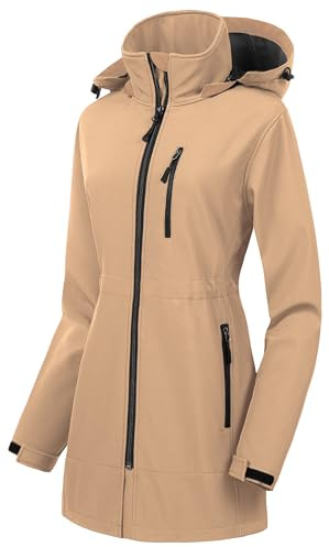 CREATMO US Anorak Jacke Womens Trench Coat Women's Ski Snowboarding Softshell Jacket Fleece Lined Water Repellent Outerwear Coat With Removable Hood Khaki XS