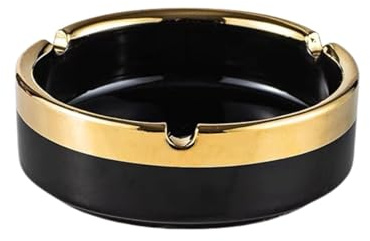 Ceramic Gold Edge Cigar Ashtray, Round Ashtray for Cigarette, Home Ashtrays for Office Tabletop Coffee Bar Outdoor Patio (Black)