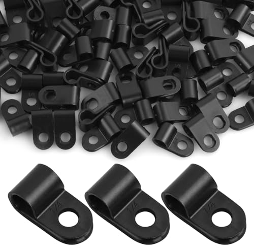 100 Pack of R-Type Cable Clip, Black Nylon P-Clips, 6.4mm (1/4) Diameter, Wire Clamp Electrical Grip Wire Clips for Cable Management