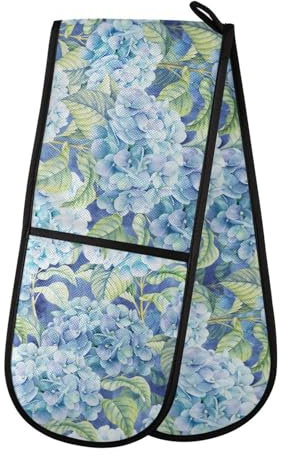 Ofenhandschuhe, doppelte Ofenhandschuhe, blaue Hortensien, Blumen, Ofenhandschuhe, Topflappen, hitzebeständig, gesteppt, für Grillen, Backen, Küche, Kochen