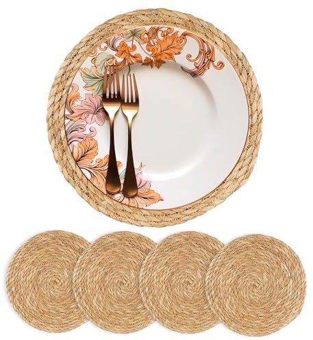 Tovagliette rotonde intrecciate, in rattan bohémien, tovagliette in giacinto d'acqua naturale, tovagliette rustiche intrecciate, per tavolo da pranzo, casa, matrimoni (34,3 cm, set da 4)