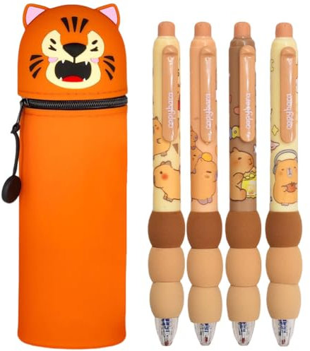 MKKZLPN 2 in 1 Weiche Silikontasche Federmäppchen, 4 Stück Tier Radierstift Kugelschreiber, Kawaii, Tischstifthalter, Reißverschluss mit 0.5mm Schwarz löschbaren Gelstiften für Mädchen (Tiger)
