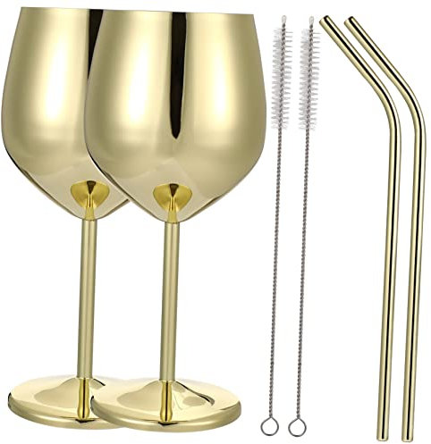 Cabilock Copas De Vino Tinto Doradas 500ml Acero Inoxidable Doble Capa Resistentes Irrompibles Con Pajitas De Metal Plateadas 21.5cm Para Fiestas Bodas 6 Piezas Juego