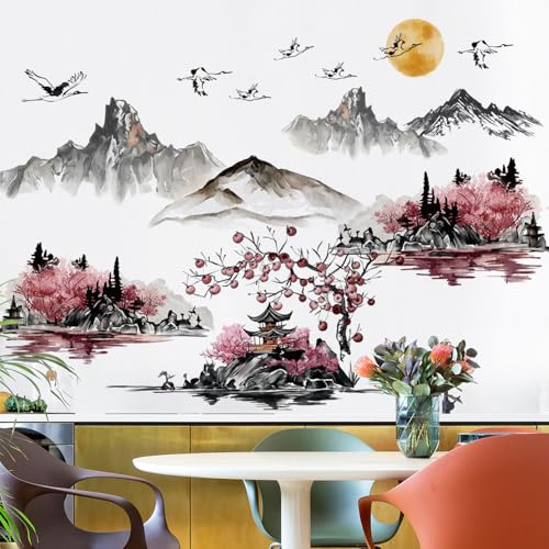 Calcomanías de pared grandes de estilo chino, pintura de paisaje, pintura de cerezo rosa, calcomanías de pared de paisajes de montaña, arte de pared extraíble con grulla blanca para decoración de