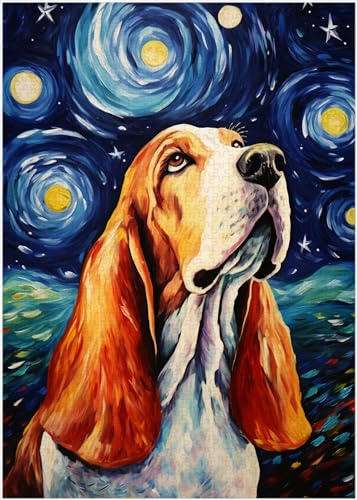 Starry Night Basset Hound Jigsaw Puzzle 1000 Pieces for Adults - Glow in The Dark Puzzle Gift for Basset Hound Lovers - 1000pc Glowing Lights Decor Puzzles (50x70cm / 19.685x27.559)
