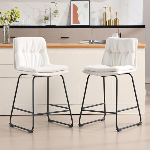 DAYALANE Barhocker 2er Set, Gesteppter Barstühle mit gepolstertem aus Kunstfell, Küchenhocker mit Metallgestell und Fußstütze, für Theke Küche Bistro Café Esszimmer, Weiß