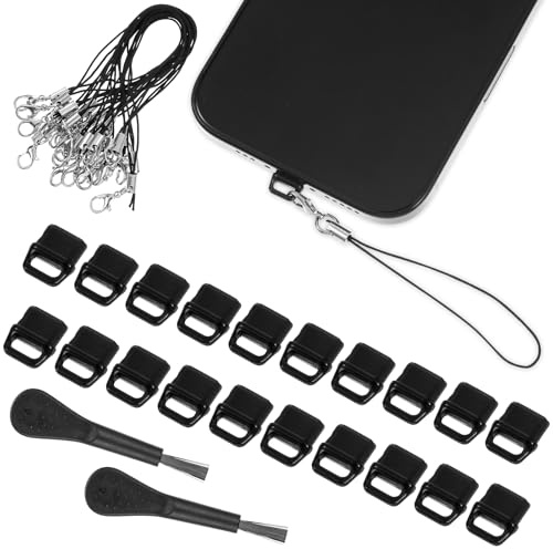 Prasacco Juego de 20 tapones antipolvo USB C con 20 cordones y 2 cepillos de limpieza, de silicona, para teléfonos móviles tipo C, tabletas, ordenadores portátiles (negro)
