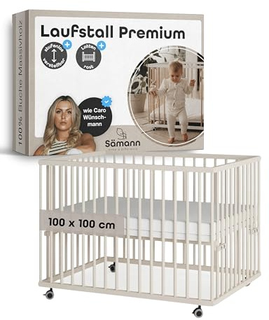 Sämann Laufstall Baby mit Lattenrost | stufenlos höhenverstellbar | Laufgitter Premium | Babybett aus Holz | Krabbelgitter (sahara dust, 100x100 cm)