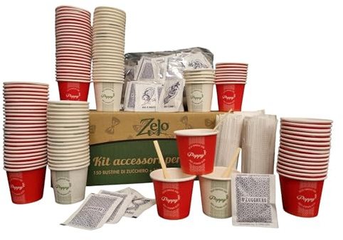 Generico Kit Caffè Bio 450 Pezzi: 150 Bicchierini Carta 75 ml, 150 Palette Legno, 150 Bustine Zucchero – Made in Italy