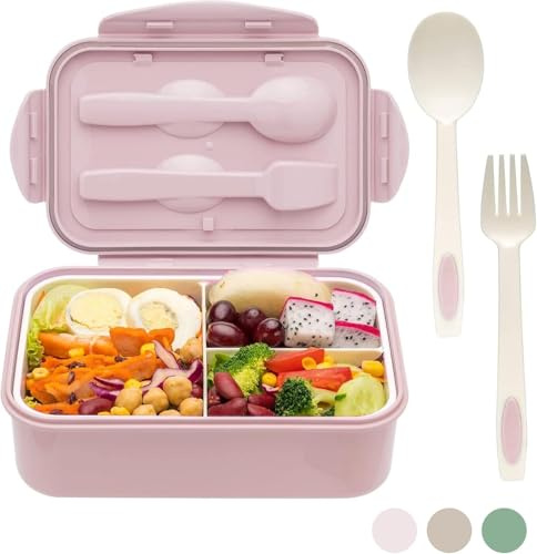 Wsetyy Pink Bento Box Lunch, Multi-compartment Food Containers with Fork Spoon, Dishwasher Micro-Wave Safe