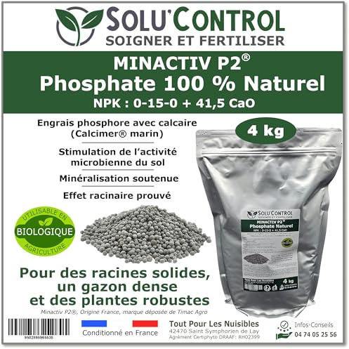 4 kg de Minactiv P2® SOLU’CONTROL – Engrais phosphate naturel 0-15-0 + 41,5 CaO – Avec Calcimer® marin et stimulateur microbien – Racines solides, gazon dense et cultures vigoureuses – UAB (Bio)