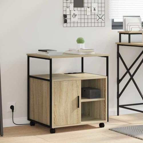 Hoopleep Armoire de bureau moderne avec station de charge - Chêne Sonoma - 61 x 46 x 67 cm - Roulable - Armoire de bureau moderne pour bureau à domicile - Bois avec cadre en acier - Rangement flexible