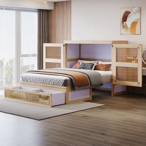 YuQozii Schrankbett 140x200 cm, Wandbett mit Lattenrost, Wandklappbett, vertikales schrankbett mit Lattenrost, mit Stauraumschubladen, Rattan-Design, Holzbetten, Jugendbetten, Einzelbetten, Holzfarbe