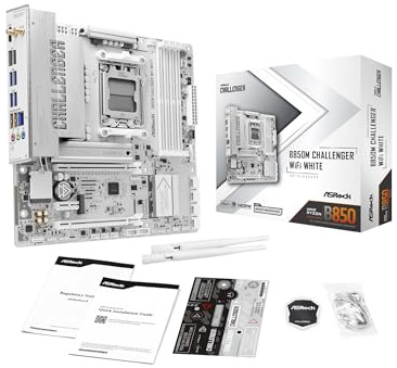 ASRock B850M Challenger WiFi vit uttag AM5 Micro-ATX moderkort, kompatibel med AMD Ryzen 9000/8000/7000-serien, B850, DDR5 8000+(OC), PCIe 5.0, WiFi 7, LAN 2,5G, blixt-portar för spel