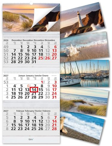 Timr 3-Monatskalender 2027 Spiralbindung 81 cm Bilderblock Maritim - tr452 | Wandkalender zum aufhängen, mehrsprachig D-GB-F-E, Bildkalender für Wandmontage, mit Datumsschieber, Kalender Abreißblock