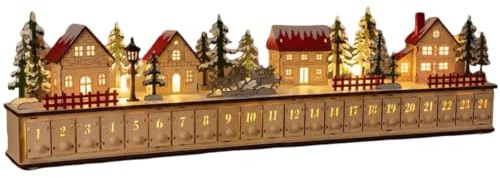Light-Up Holz Weihnachtsdorf Adventskalender mit 24 befüllbaren Schubladen, LED Urlaub Countdown Dekoration, Wiederverwendbare Tischplatte Weihnachtsdorf Display für Familienurlaub Dekor