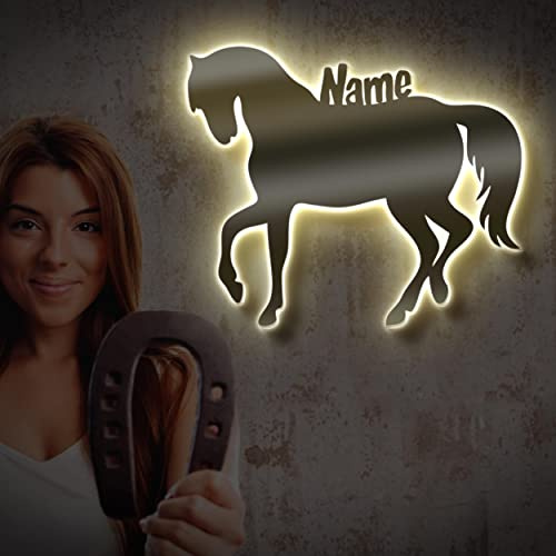 Namofactur personalisierte Pferde-Lampe aus Holz mit LED-Licht | Mit Wunschname – in verschiedenen Farben erhältlich und als Wanddeko oder Nachtlicht nutzbar